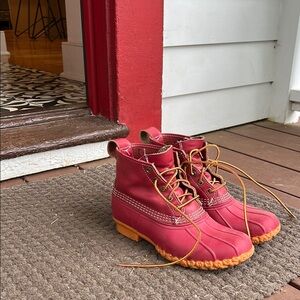 Red LL Bean Duck Boots with Tan Soles